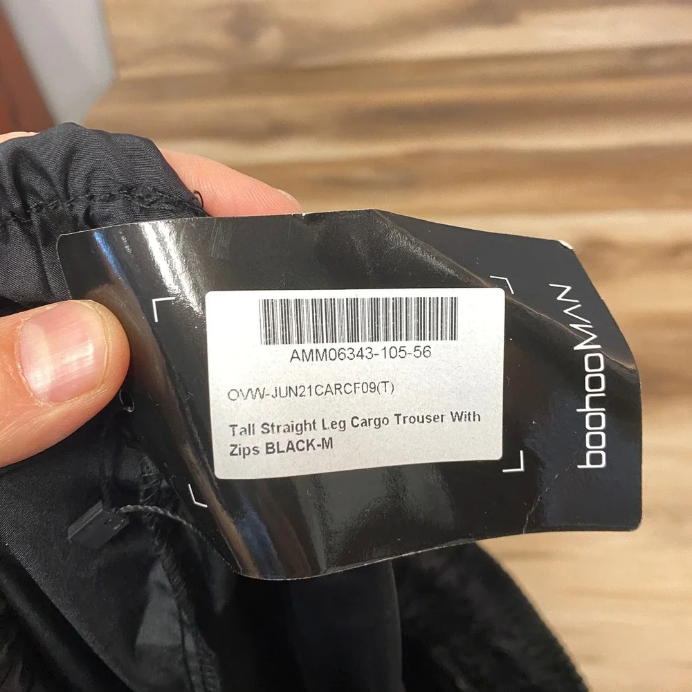 BoohooMAN Cargo Track Pants Mens M Tall Streetwear Polyester Straight Leg Black - Picture 3 of 11